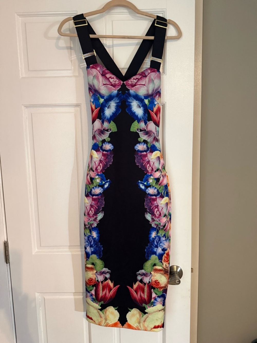 Ted Baker Black Floral-Print Midi Dress with V-Strap Detail